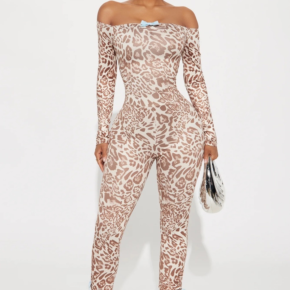 Tan and Cream Off-Shoulder Jumpsuit with Animal Print